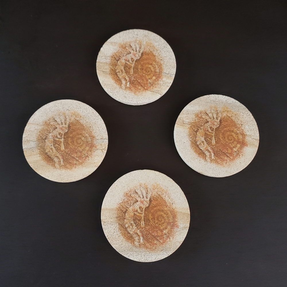 Southwestern Kokopelli Hand Painted Folk Art Solid Stone Coaster Set x 4